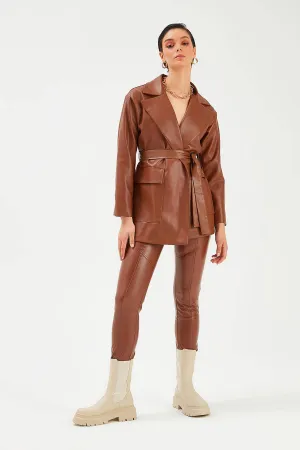 Belted Leather Jacket - Brown