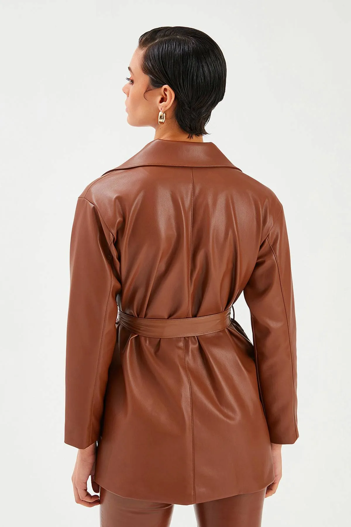 Belted Leather Jacket - Brown