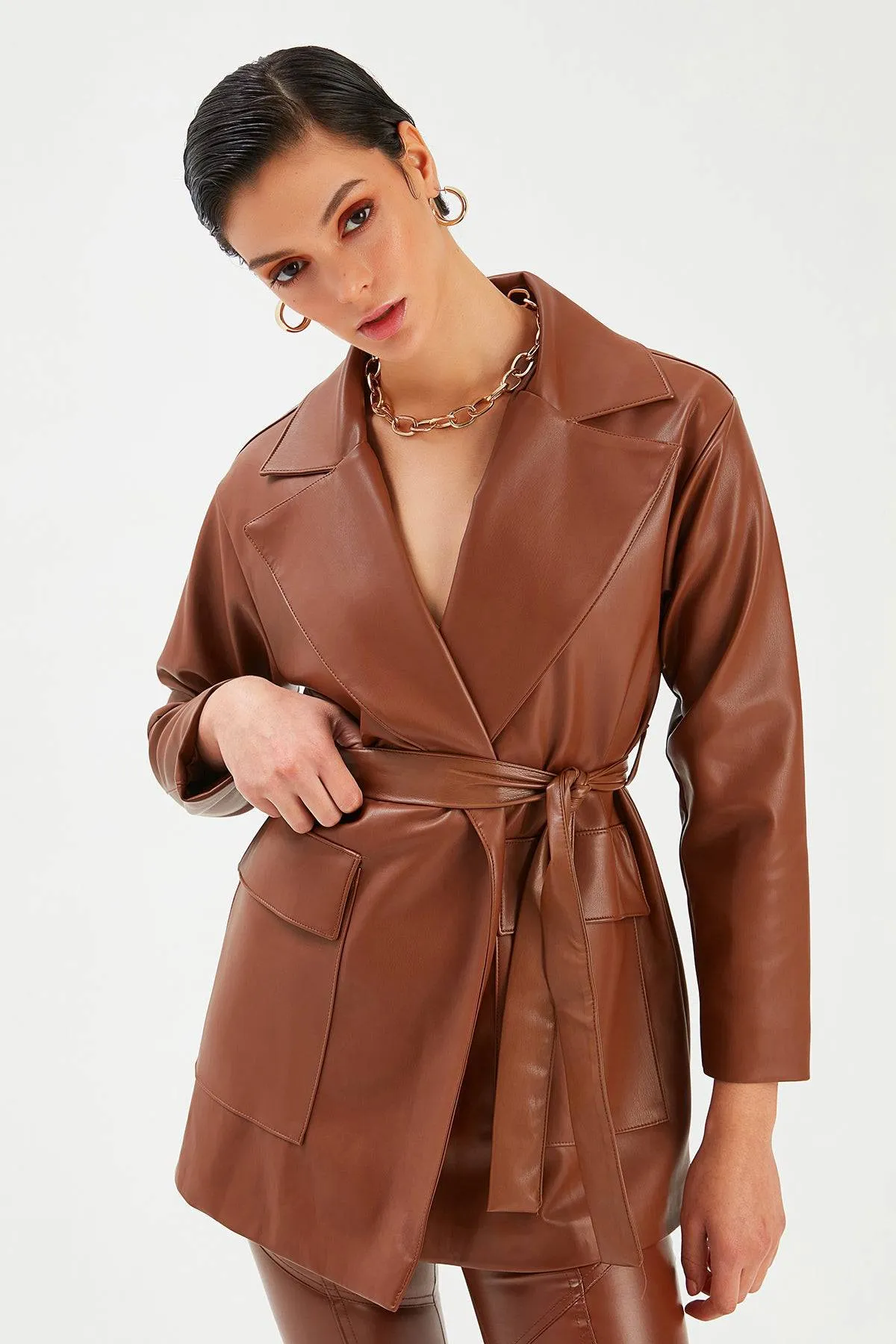Belted Leather Jacket - Brown