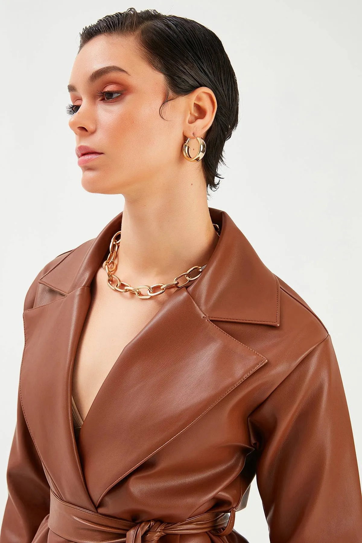 Belted Leather Jacket - Brown