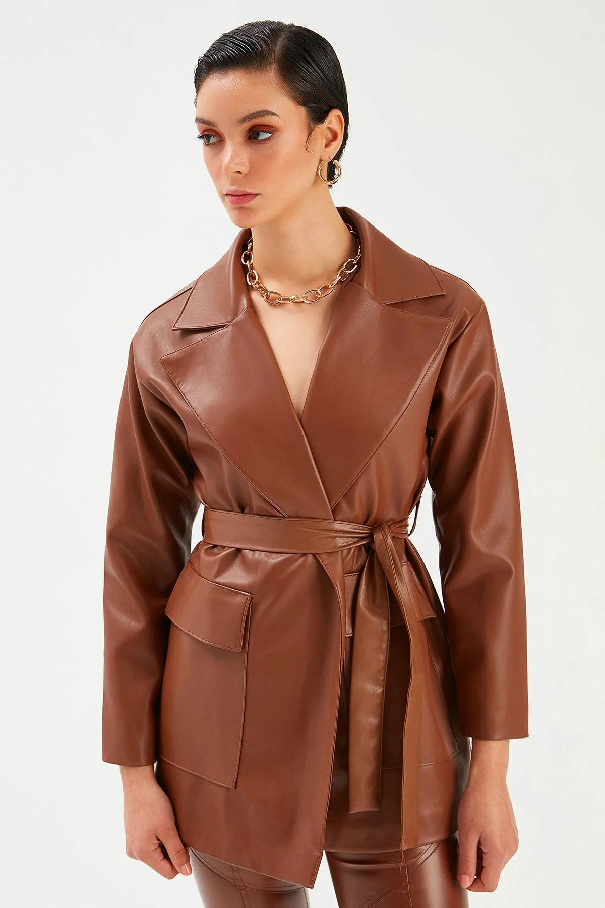Belted Leather Jacket - Brown