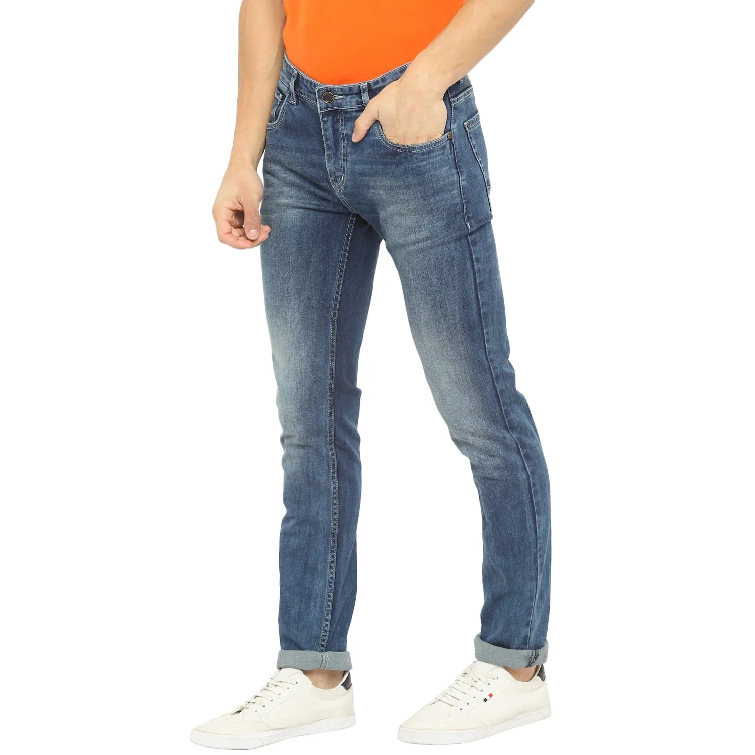 Blue Cotton Stretch Narrow Fit Fade Jeans