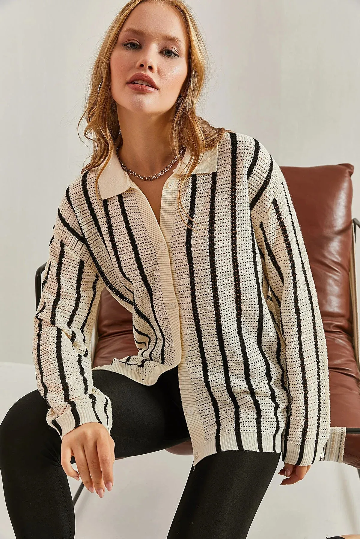 Brown Striped Button Down Cardigan Blouse