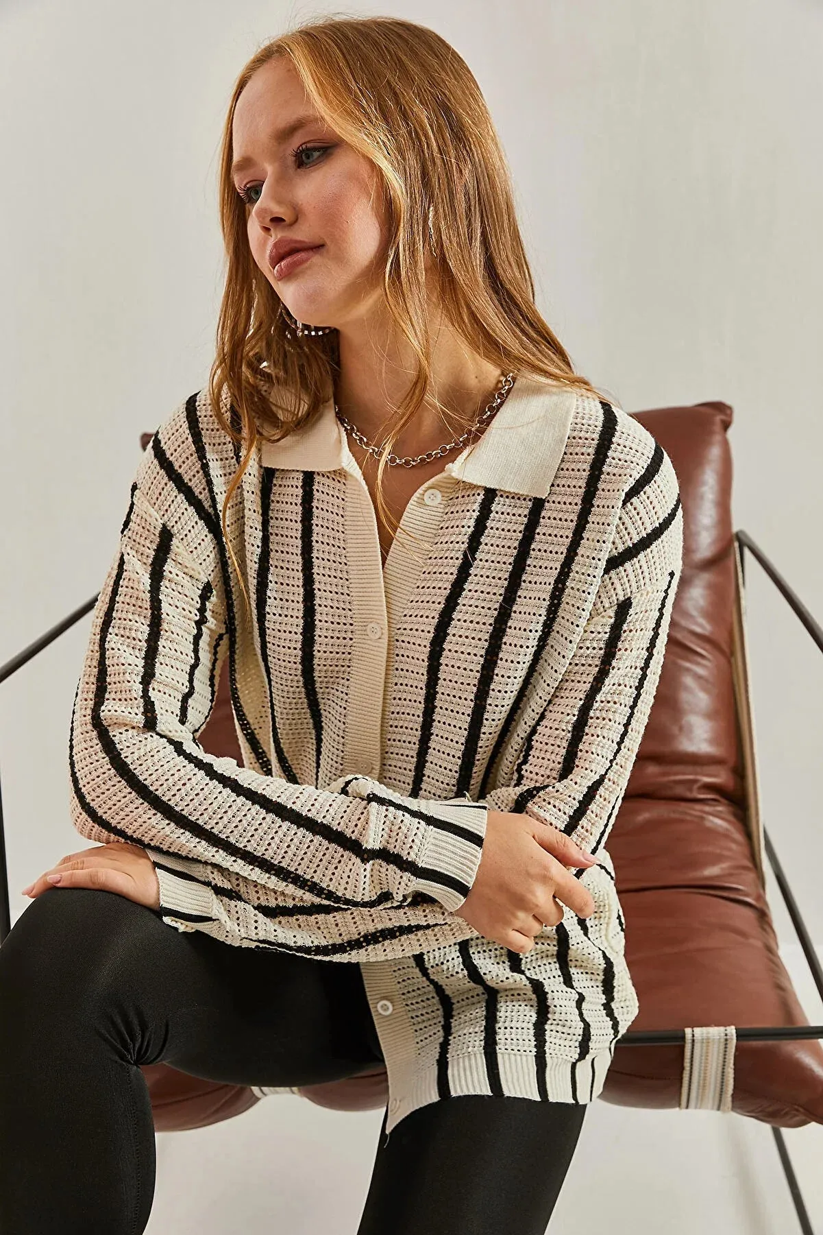 Brown Striped Button Down Cardigan Blouse