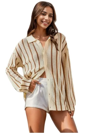 Brown Striped Button Down Cardigan Blouse