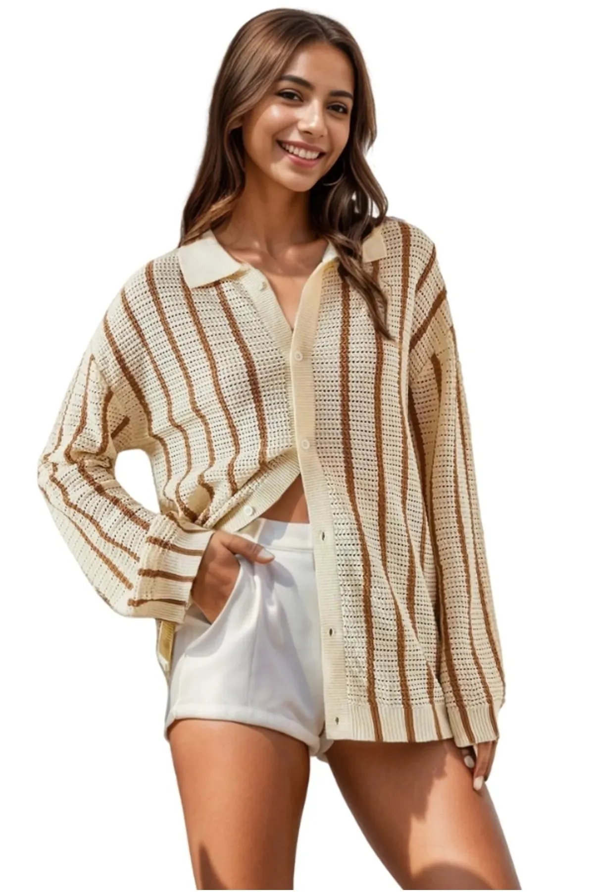 Brown Striped Button Down Cardigan Blouse