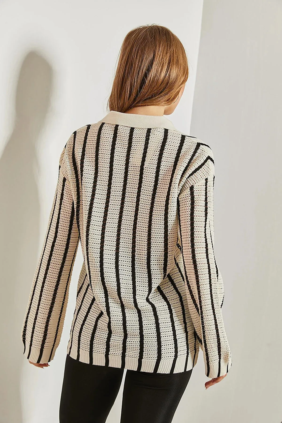 Brown Striped Button Down Cardigan Blouse