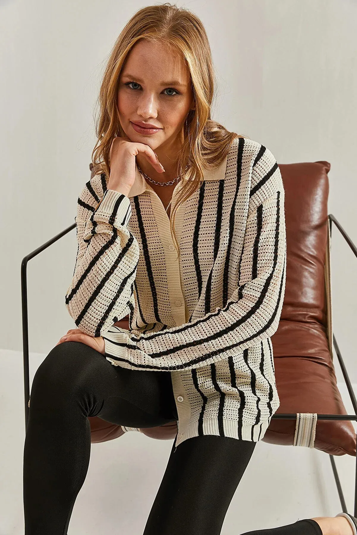 Brown Striped Button Down Cardigan Blouse