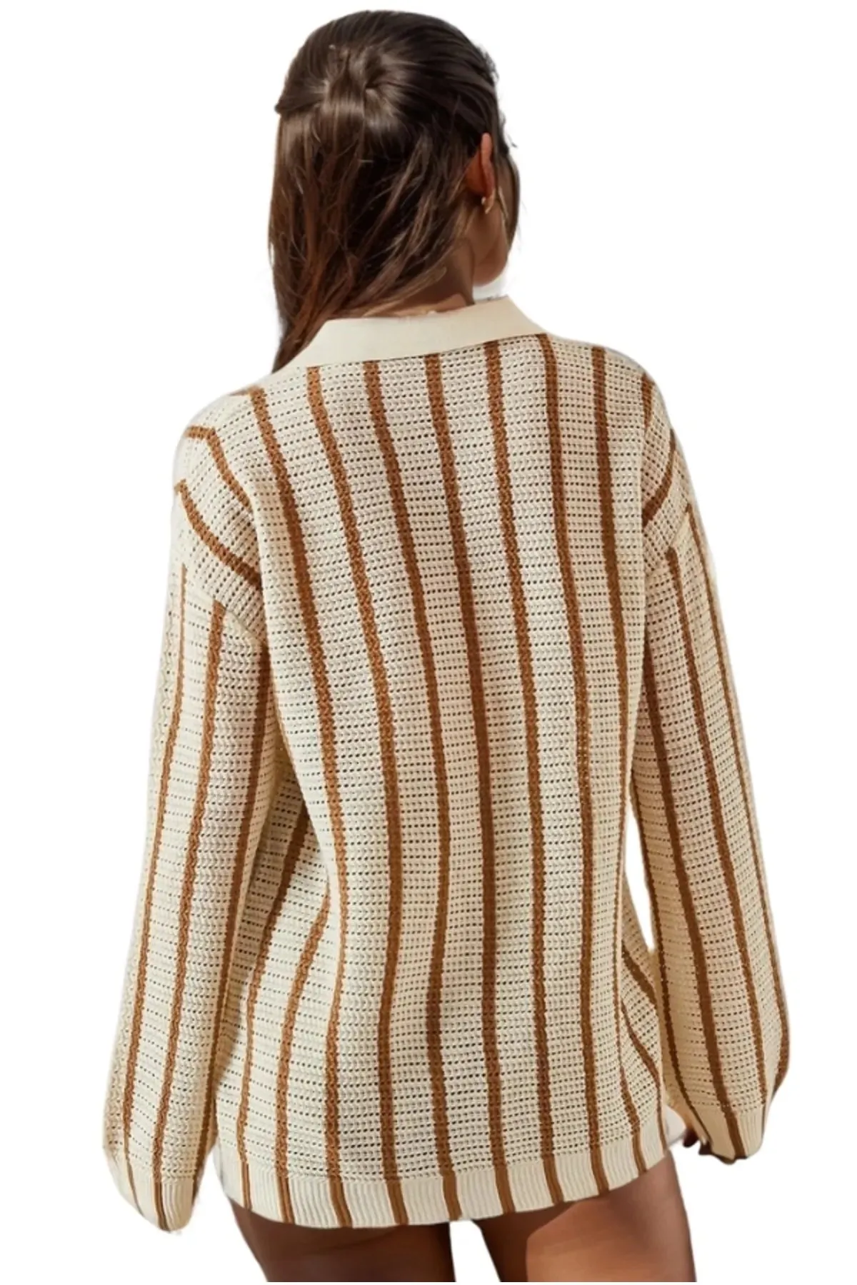 Brown Striped Button Down Cardigan Blouse
