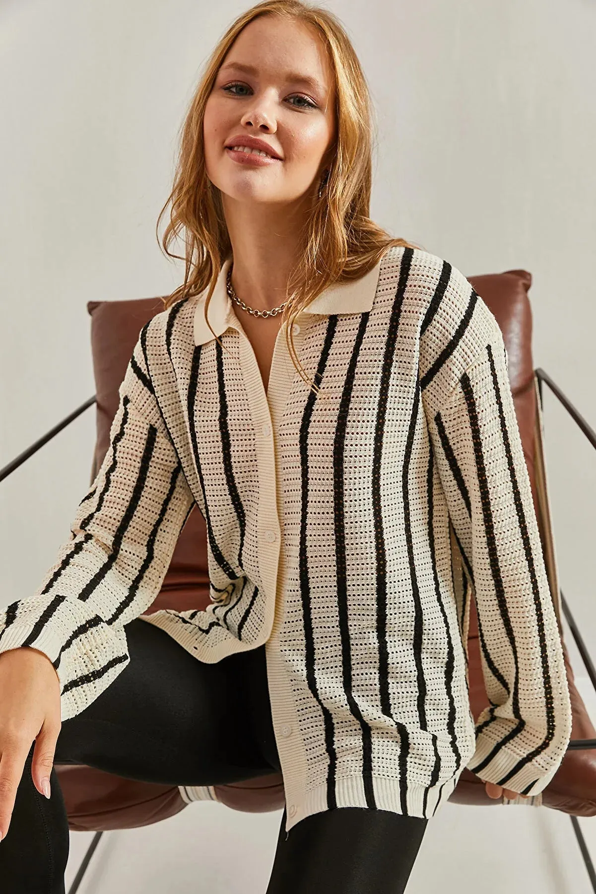 Brown Striped Button Down Cardigan Blouse