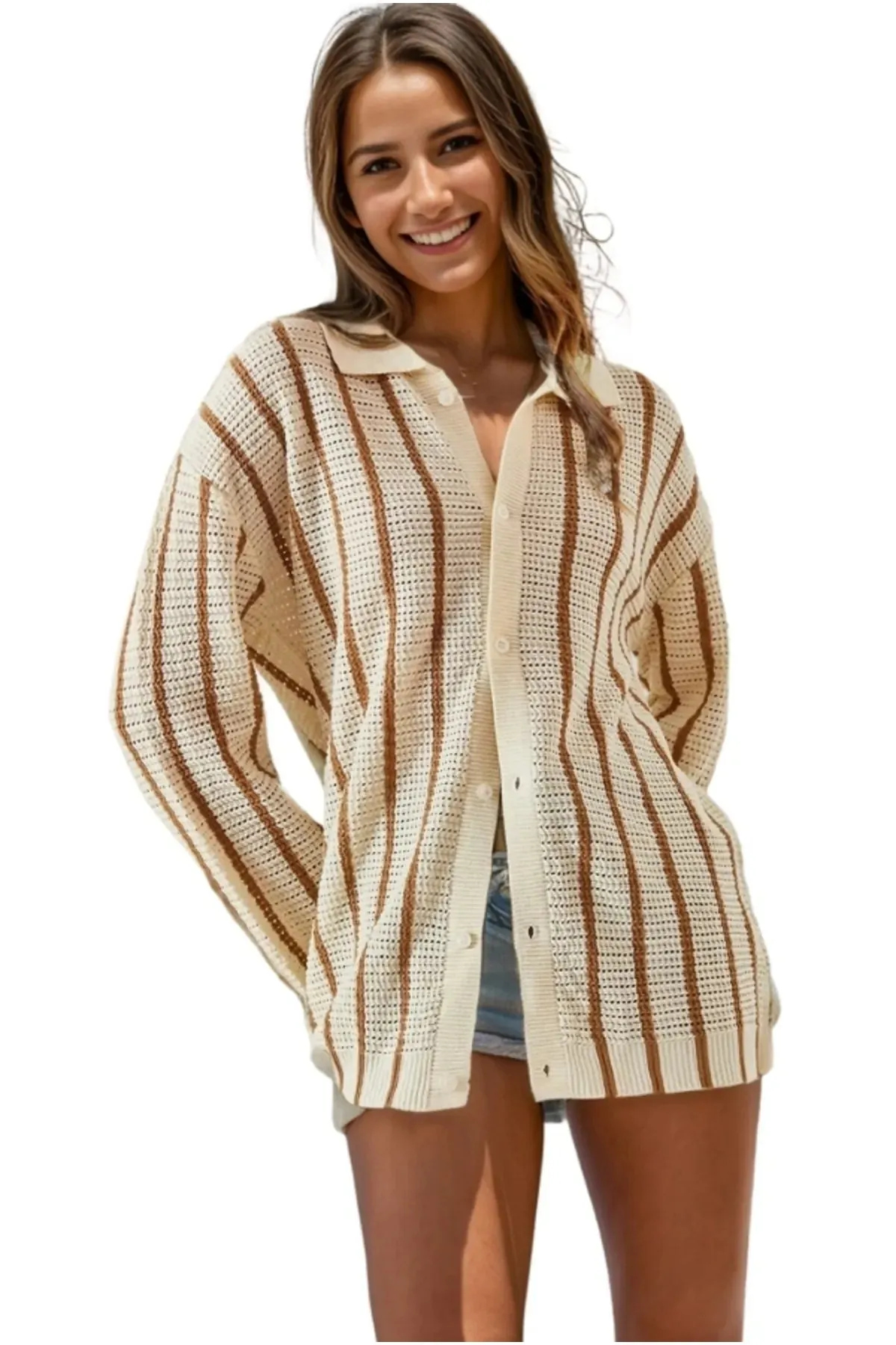Brown Striped Button Down Cardigan Blouse
