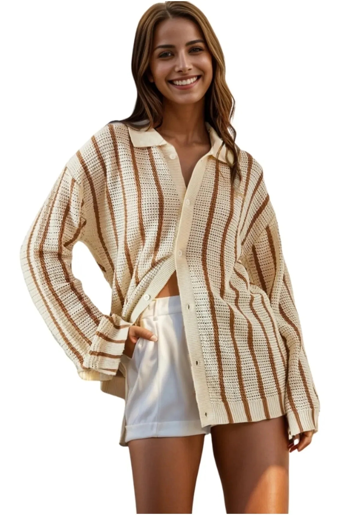 Brown Striped Button Down Cardigan Blouse