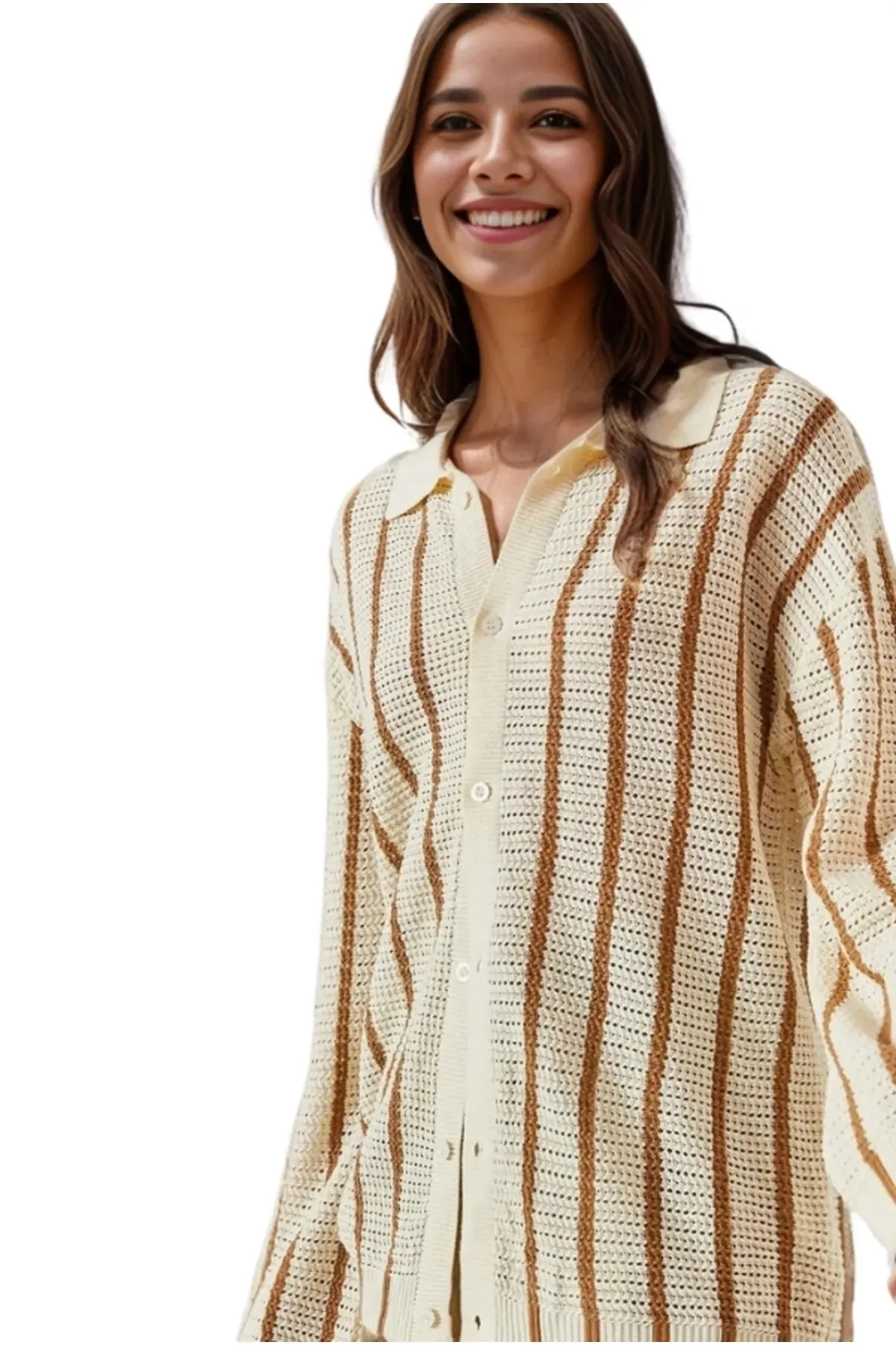 Brown Striped Button Down Cardigan Blouse