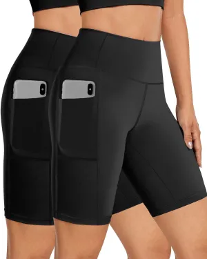 Buauty 2/3 Pack Biker Shorts Women Tummy Control with Pocket 8" High Waisted Yoga Running Workout Spandex Compression Shorts