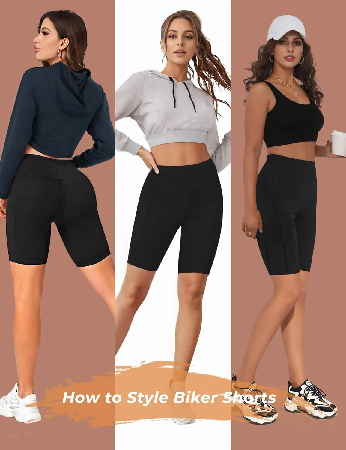 Buauty 2/3 Pack Biker Shorts Women Tummy Control with Pocket 8" High Waisted Yoga Running Workout Spandex Compression Shorts