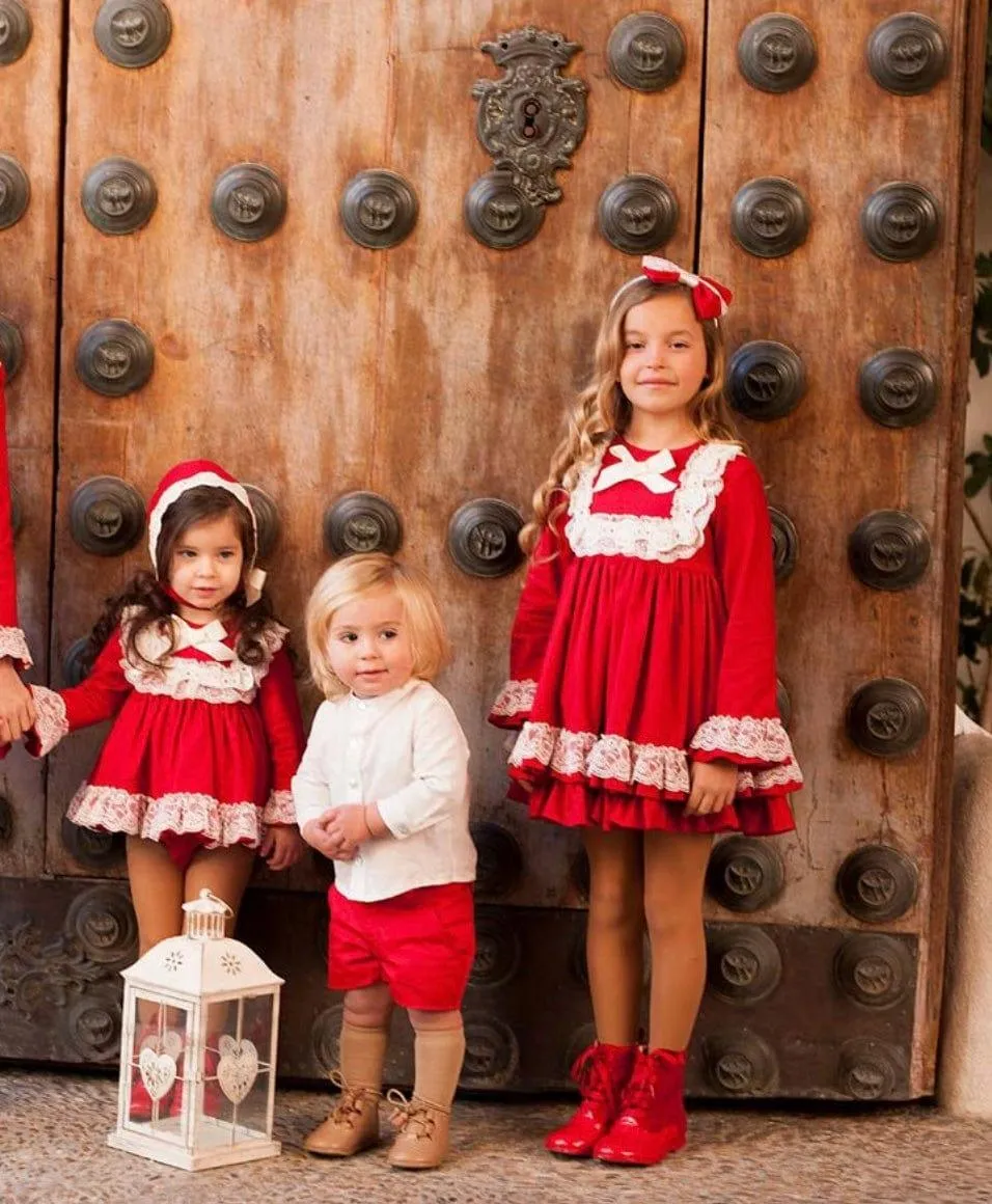 CLEARANCE SALE - Debesos AW23 - Girls Red & Cream Lace Design Dress