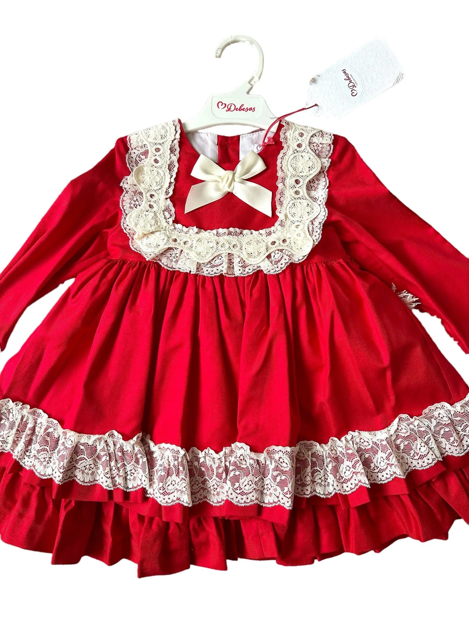 CLEARANCE SALE - Debesos AW23 - Girls Red & Cream Lace Design Dress