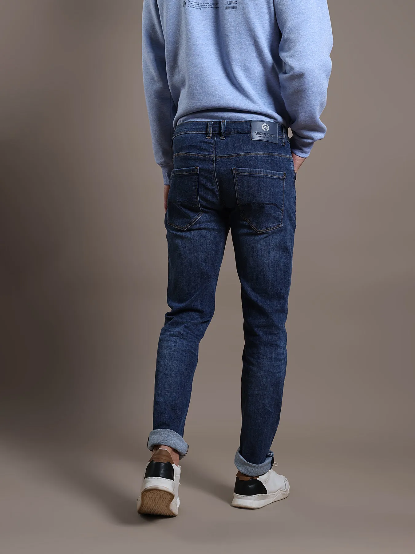 Cotton Stretch Indigo Blue Plain Narrow Fit Flat Front Casual Jeans