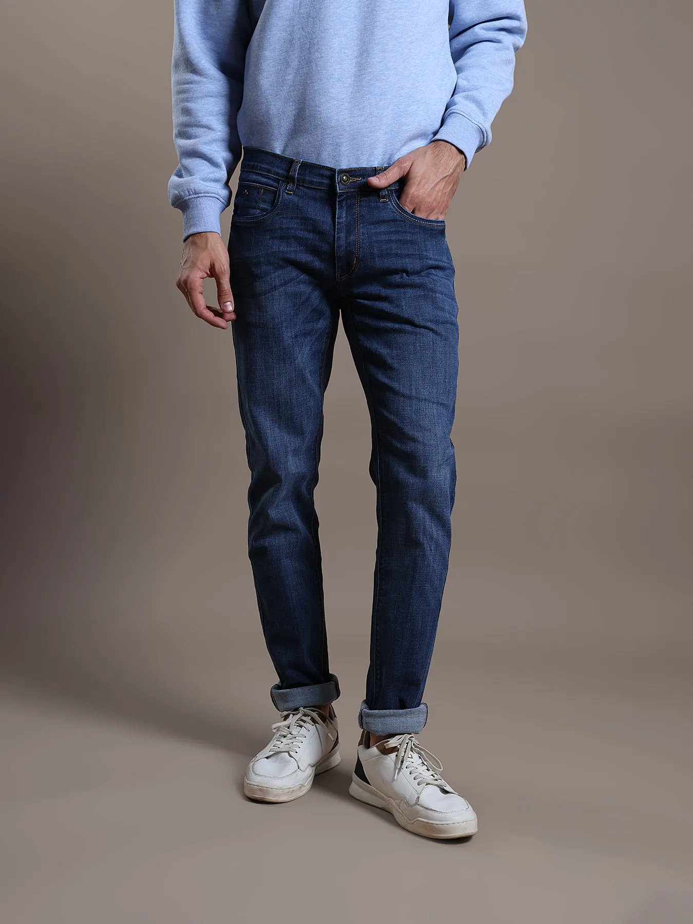 Cotton Stretch Indigo Blue Plain Narrow Fit Flat Front Casual Jeans