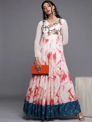 Cream Tye and Dye Embroidered Maxi Dress