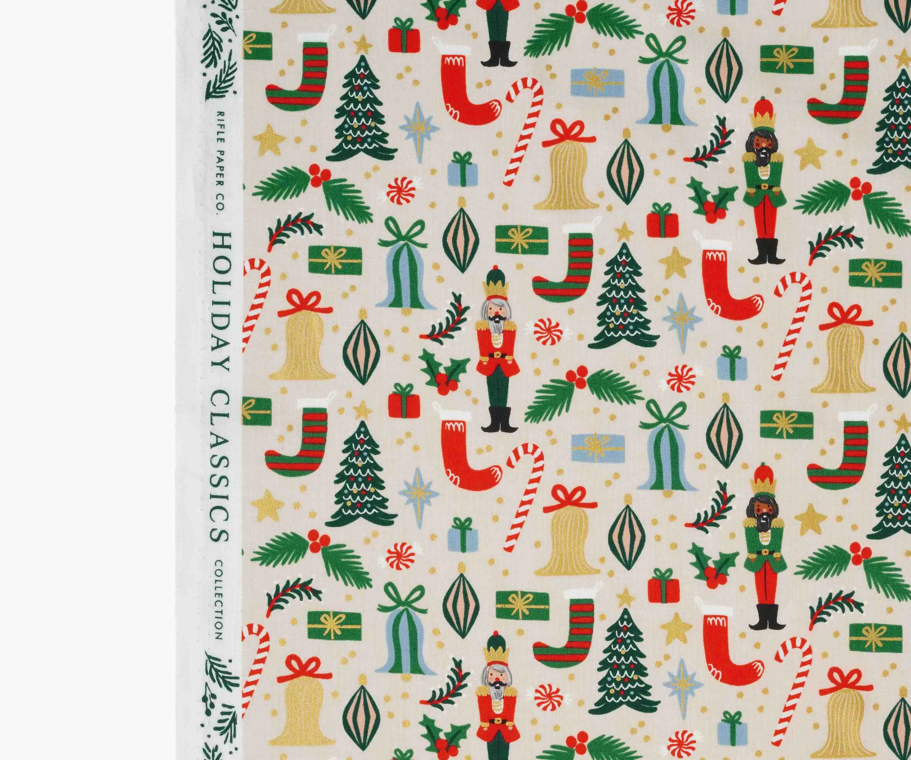 Deck The Halls Metallic Cotton Fabric - Cream