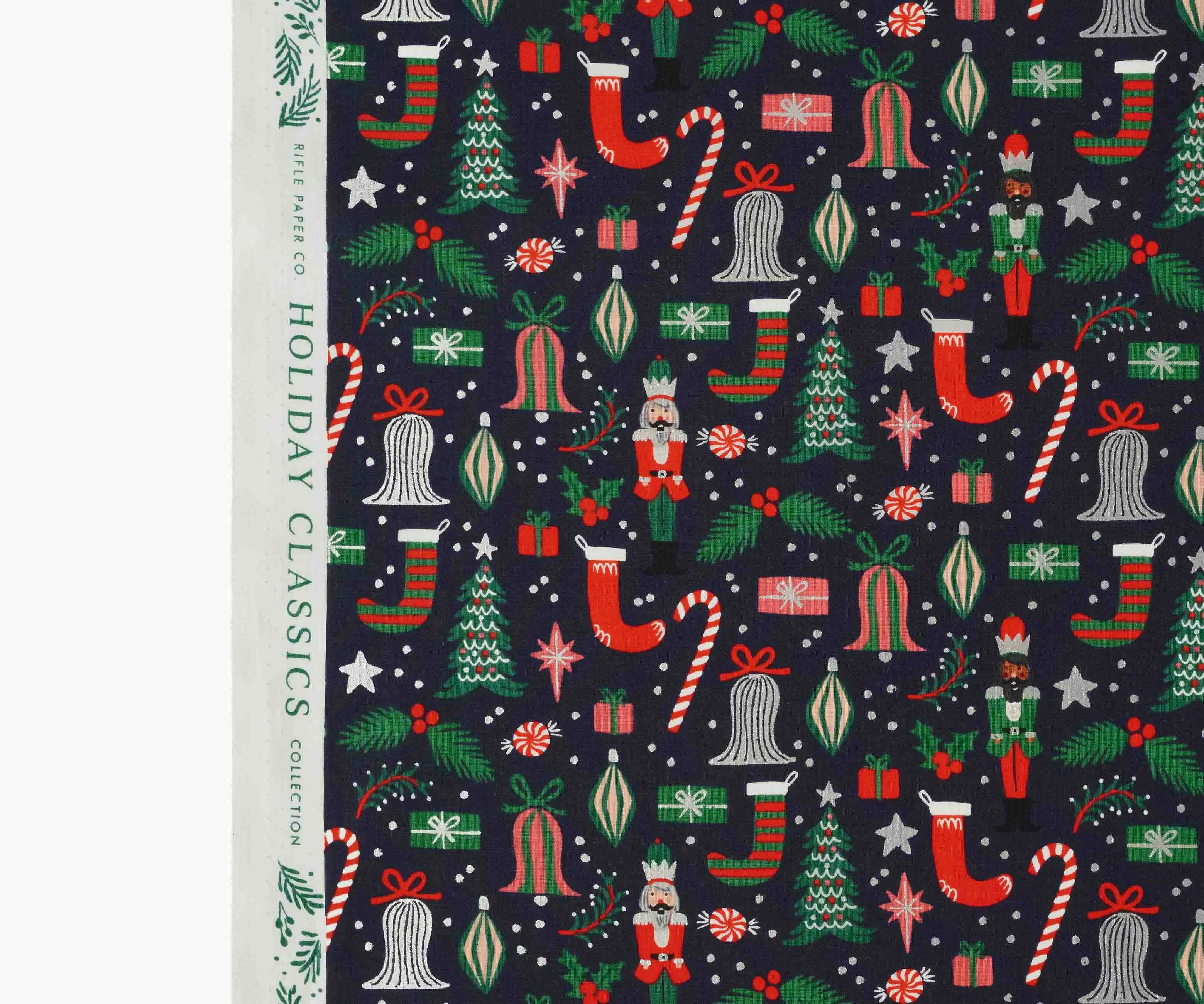 Deck The Halls Metallic Cotton Fabric - Navy