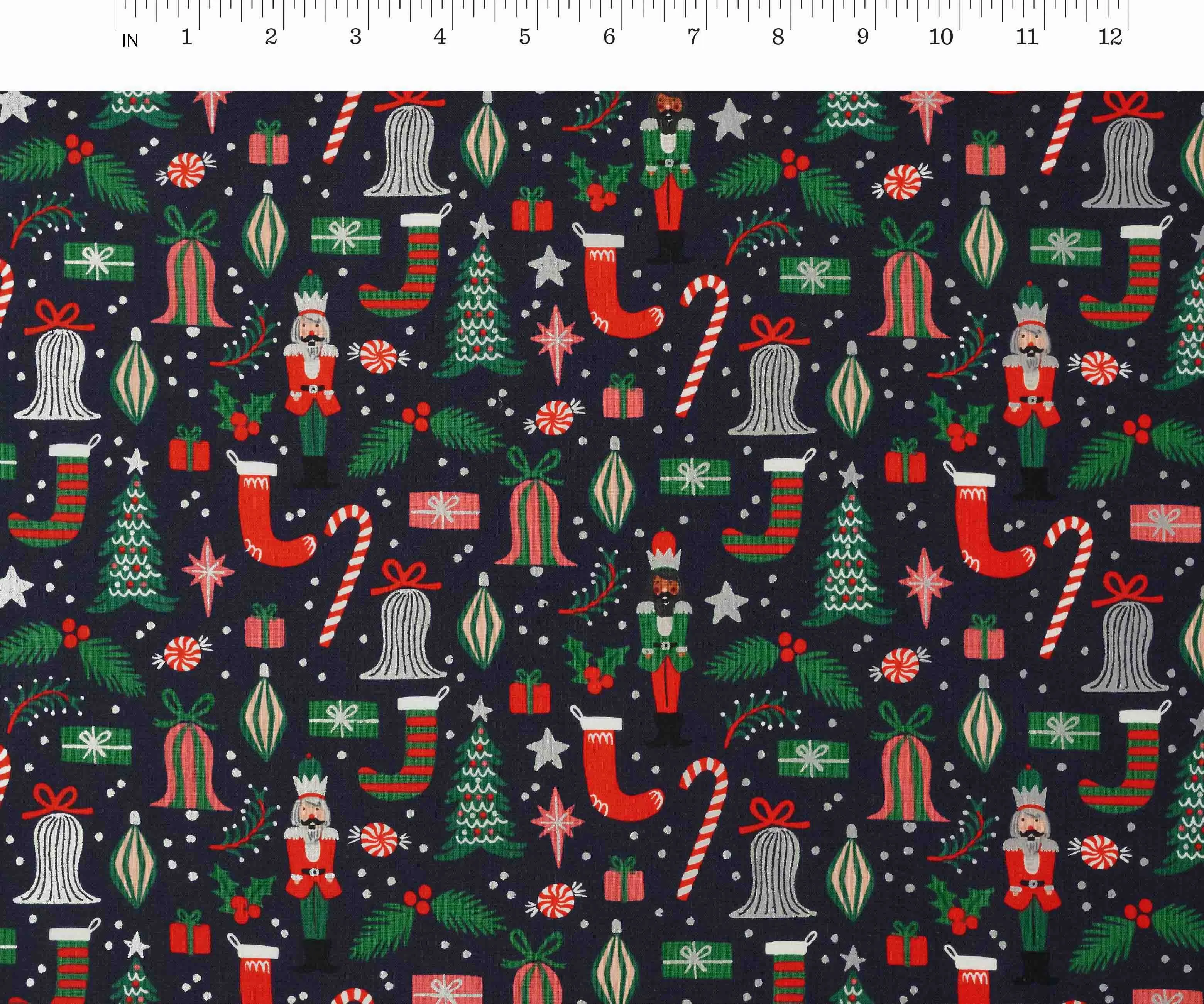 Deck The Halls Metallic Cotton Fabric - Navy
