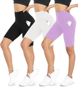 DHSO 3 Pack Biker Shorts for Women with Pockets - 8" High Waisted Workout Spandex Tummy Control Gym Running Yoga Shorts