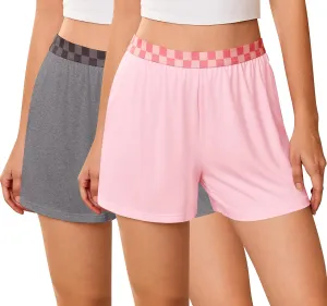 Ekouaer Womens 2 Pack Pajama Shorts Comfy Plaid Elastic Waist Sleep Shorts Modal Soft Pj Bottoms with Pockets