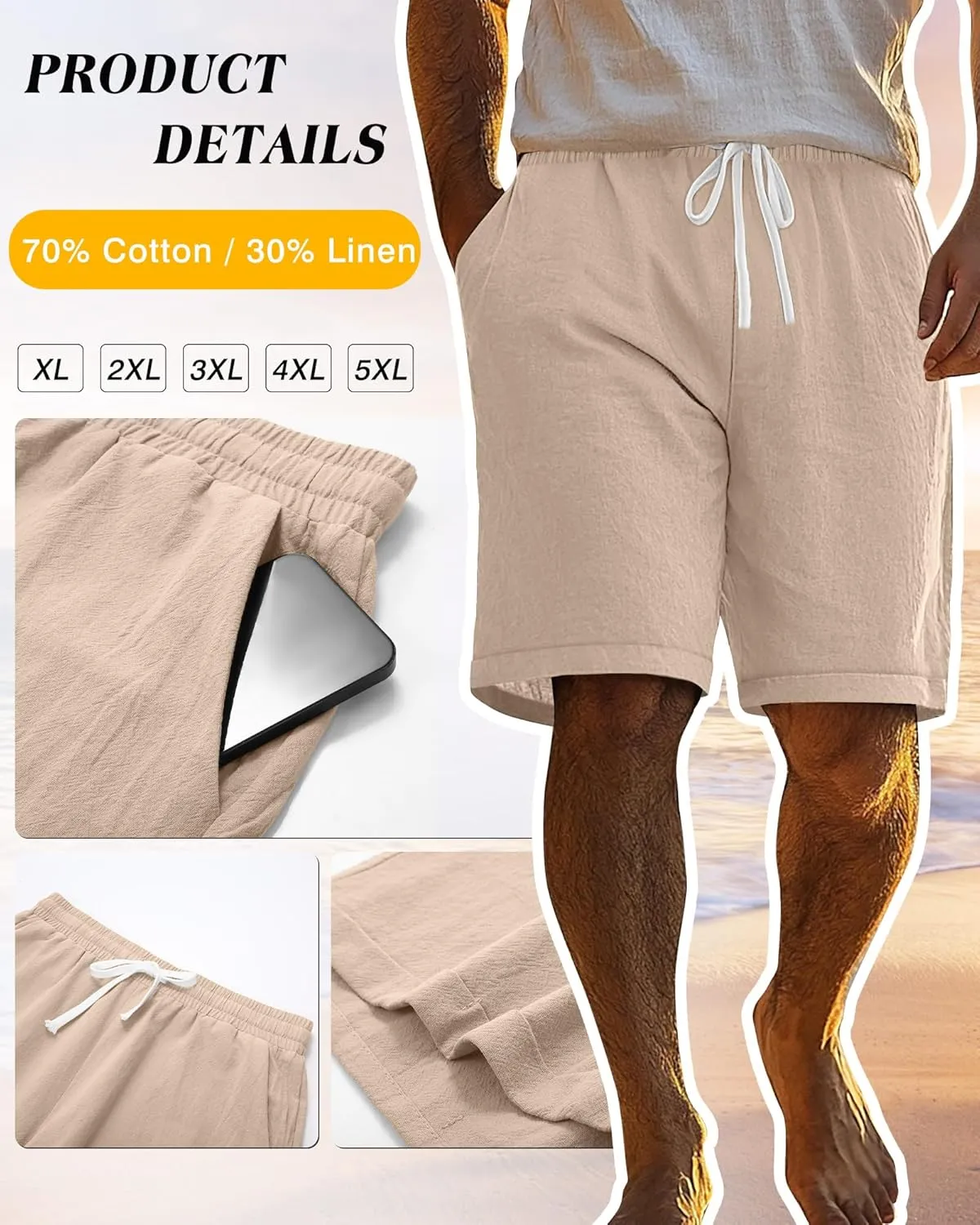 Ficerd 2 Pack Men's Big and Tall Linen Shorts Cotton Casual Elastic Waist Drawstring Summer Beach Shorts with Pockets