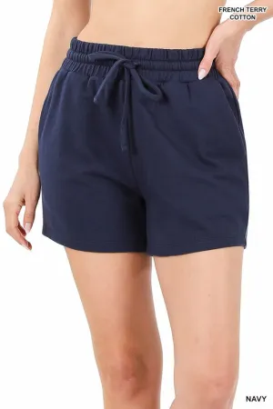 French Terry Drawstring Waist Cotton Pocket Shorts by Zenana