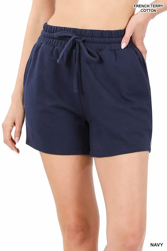 French Terry Drawstring Waist Cotton Pocket Shorts by Zenana