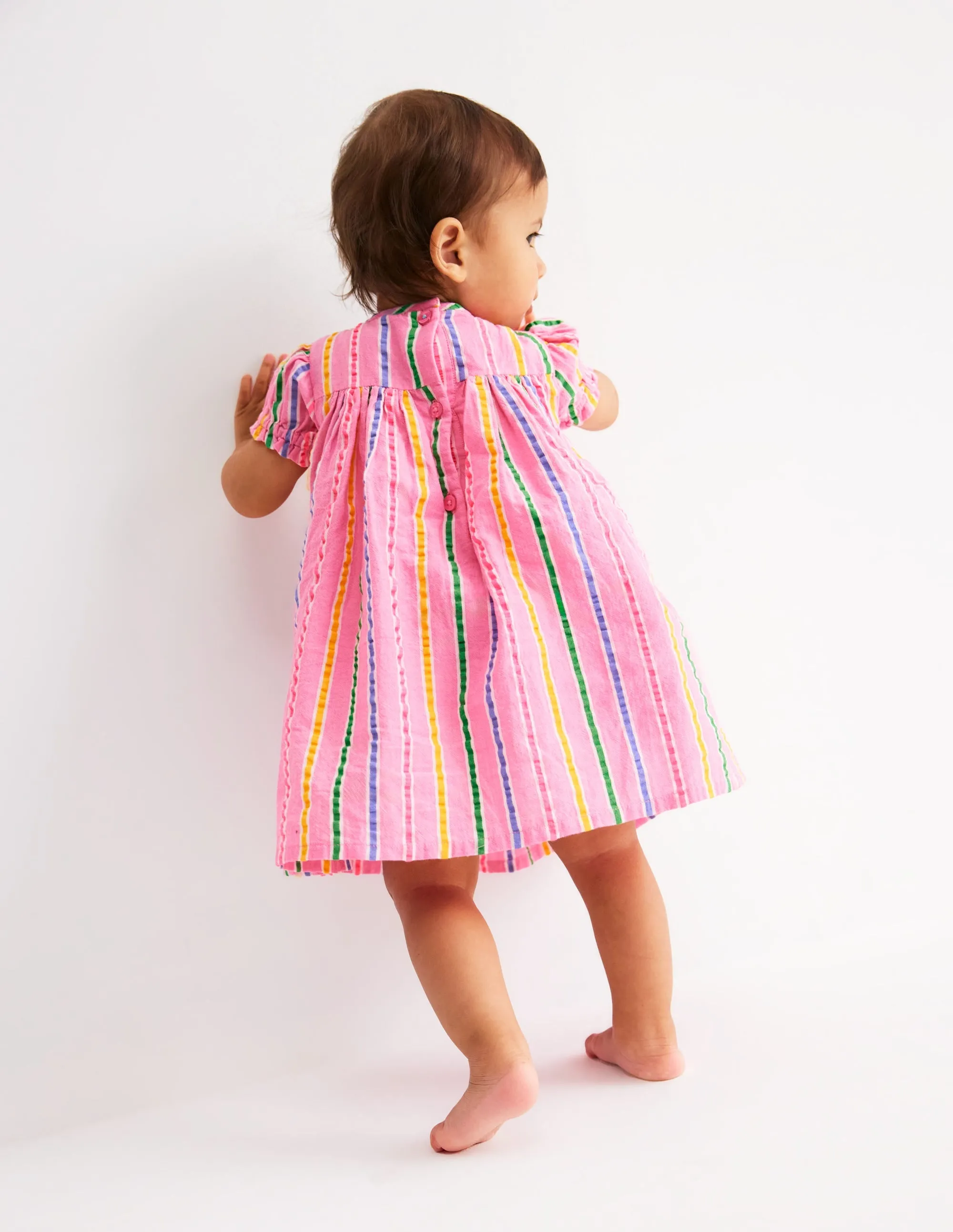 Gathered Woven Dress-Neon Pink Multi Stripe