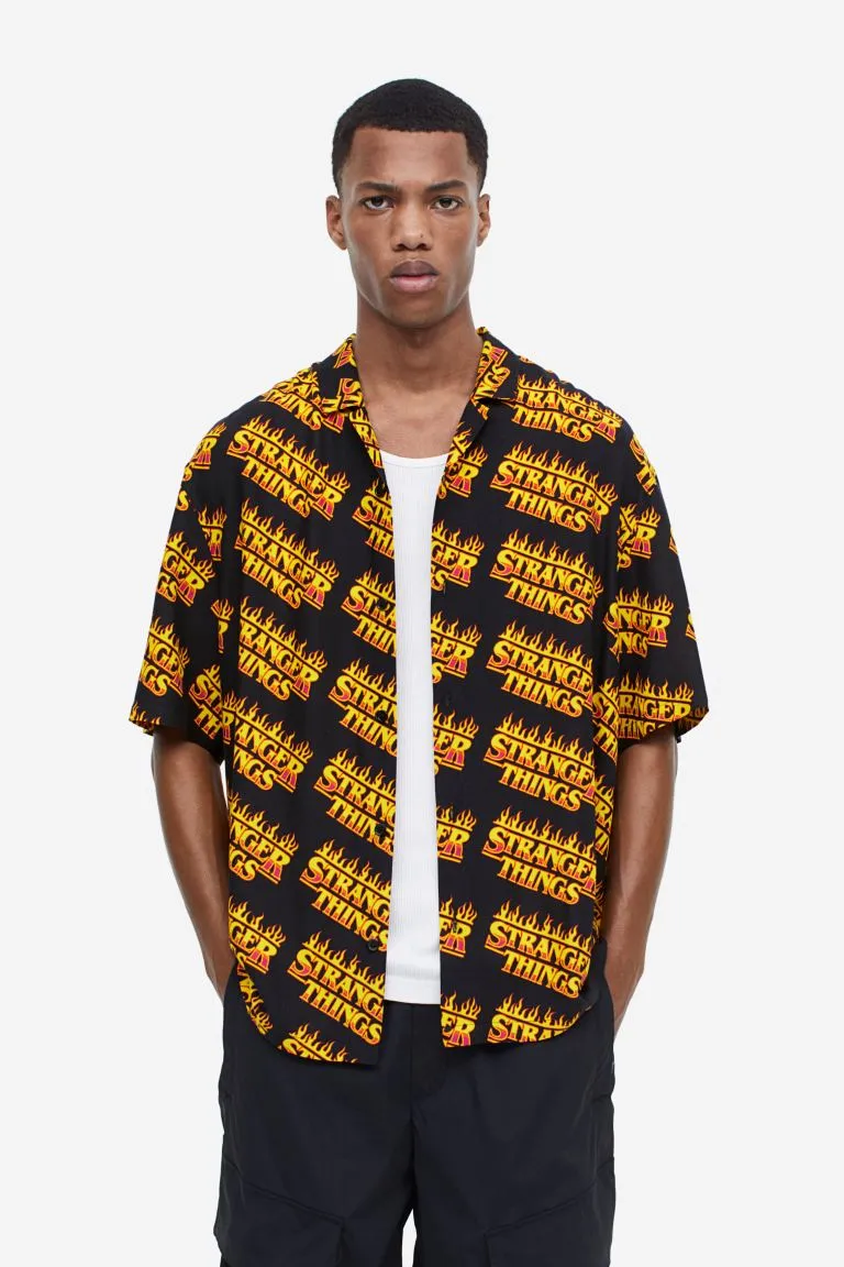 H&M x Stranger Things Relaxed Fit Patterned Resort Shirt, black/orange