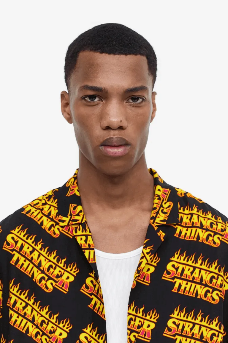 H&M x Stranger Things Relaxed Fit Patterned Resort Shirt, black/orange