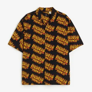H&M x Stranger Things Relaxed Fit Patterned Resort Shirt, black/orange
