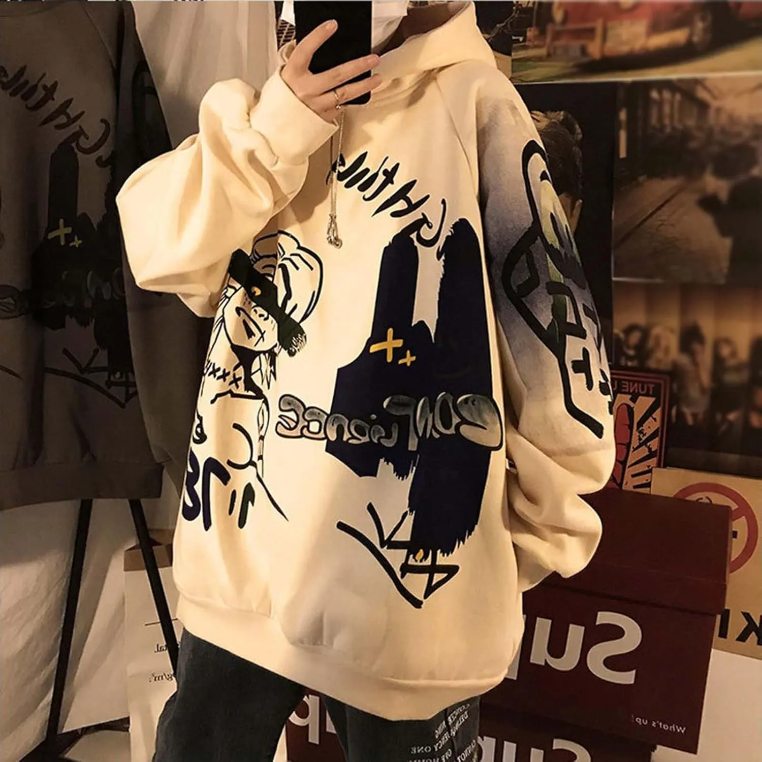 Harajuku Graffiti Print Hoodie Men and Women Y2K Oversized Pullover Hooded Sweatshirt Hip-Hop Loose Casual Tops