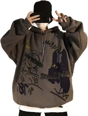 Harajuku Graffiti Print Hoodie Men and Women Y2K Oversized Pullover Hooded Sweatshirt Hip-Hop Loose Casual Tops