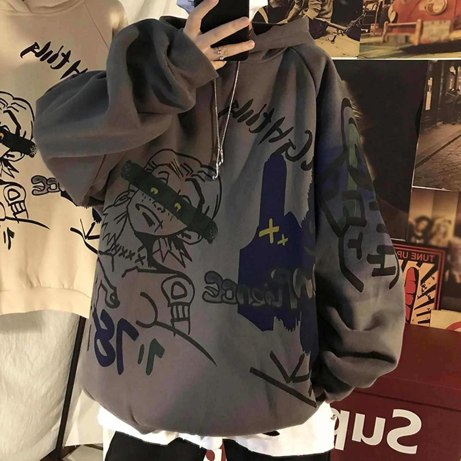 Harajuku Graffiti Print Hoodie Men and Women Y2K Oversized Pullover Hooded Sweatshirt Hip-Hop Loose Casual Tops
