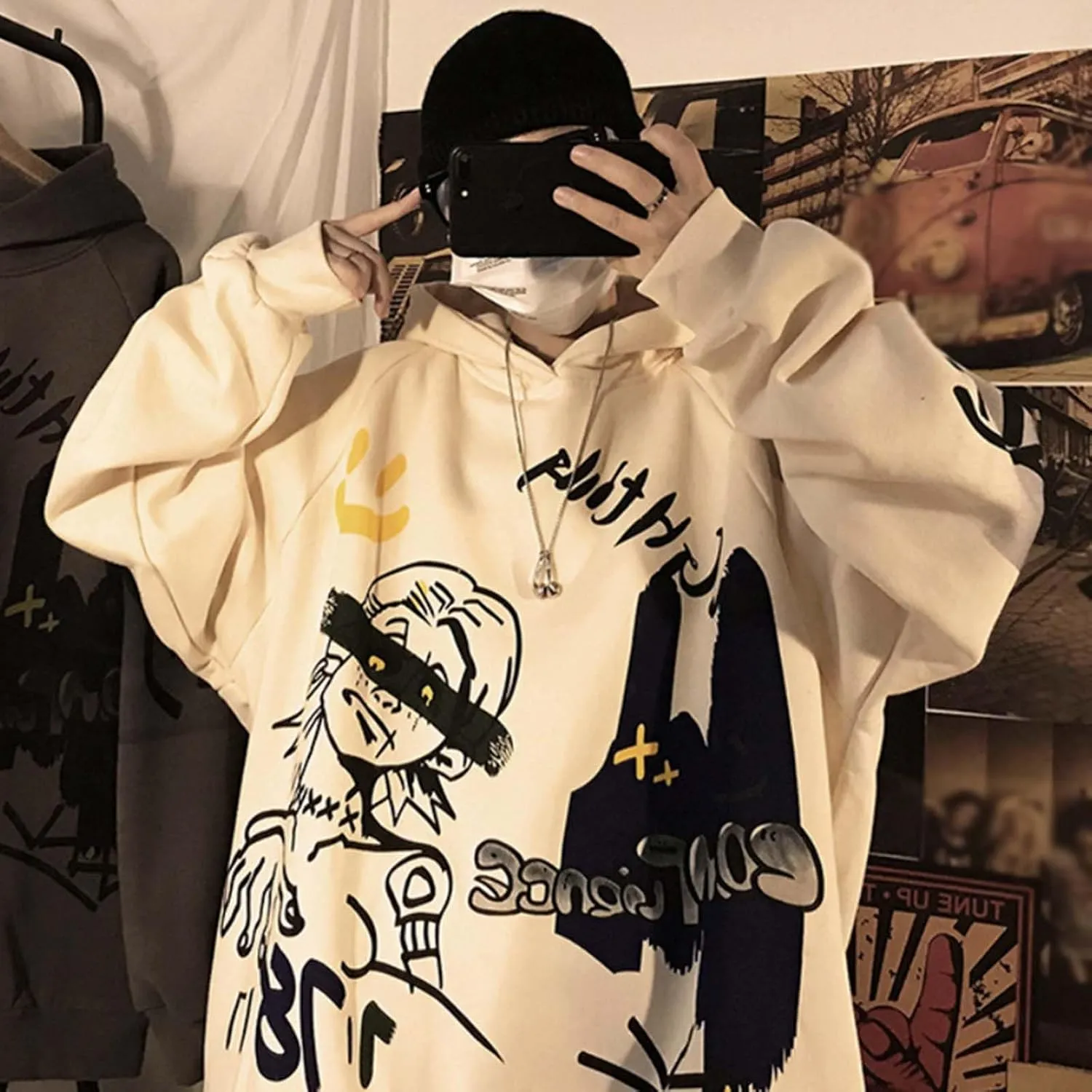 Harajuku Graffiti Print Hoodie Men and Women Y2K Oversized Pullover Hooded Sweatshirt Hip-Hop Loose Casual Tops