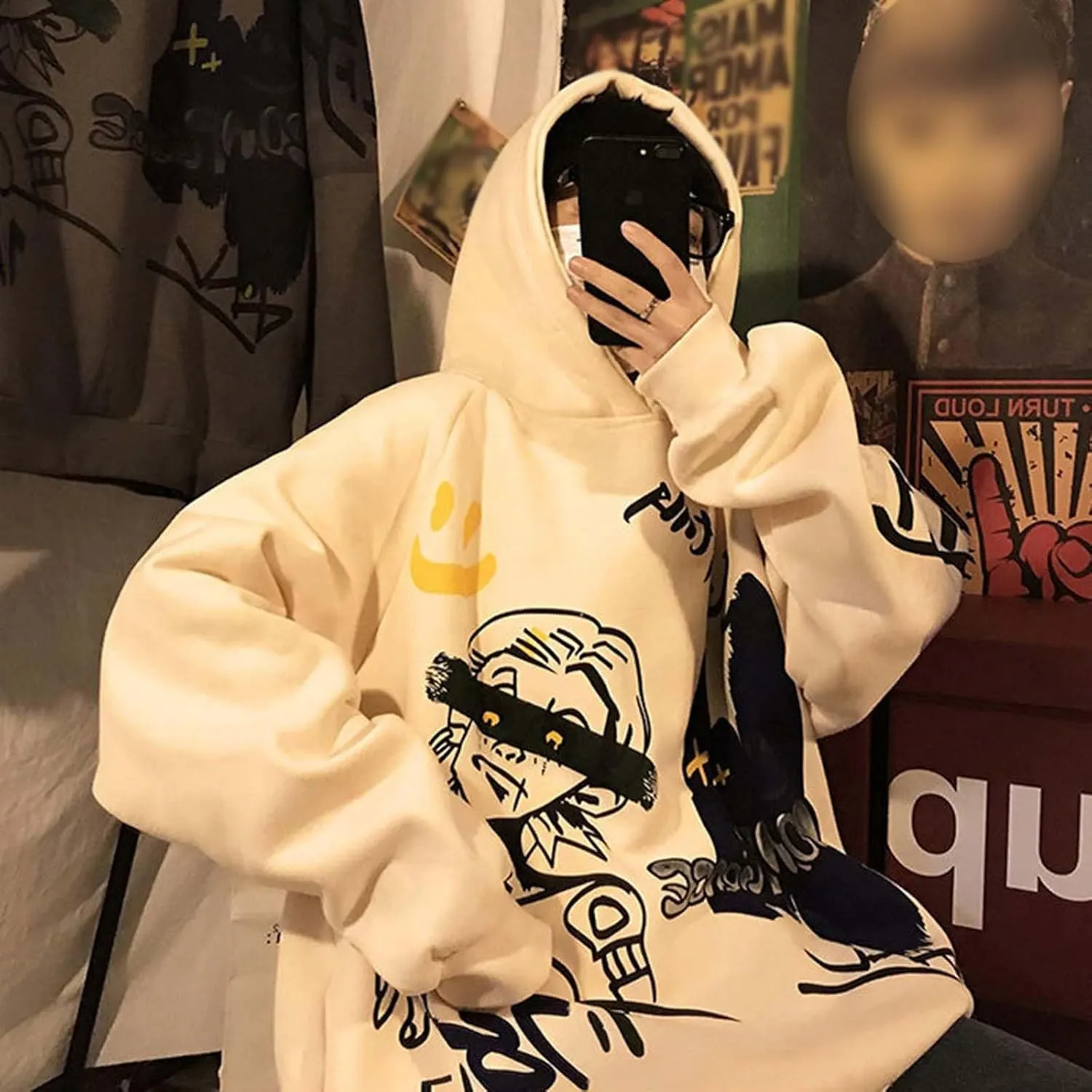 Harajuku Graffiti Print Hoodie Men and Women Y2K Oversized Pullover Hooded Sweatshirt Hip-Hop Loose Casual Tops