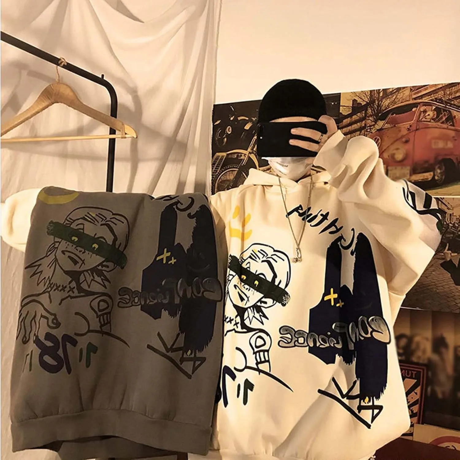 Harajuku Graffiti Print Hoodie Men and Women Y2K Oversized Pullover Hooded Sweatshirt Hip-Hop Loose Casual Tops