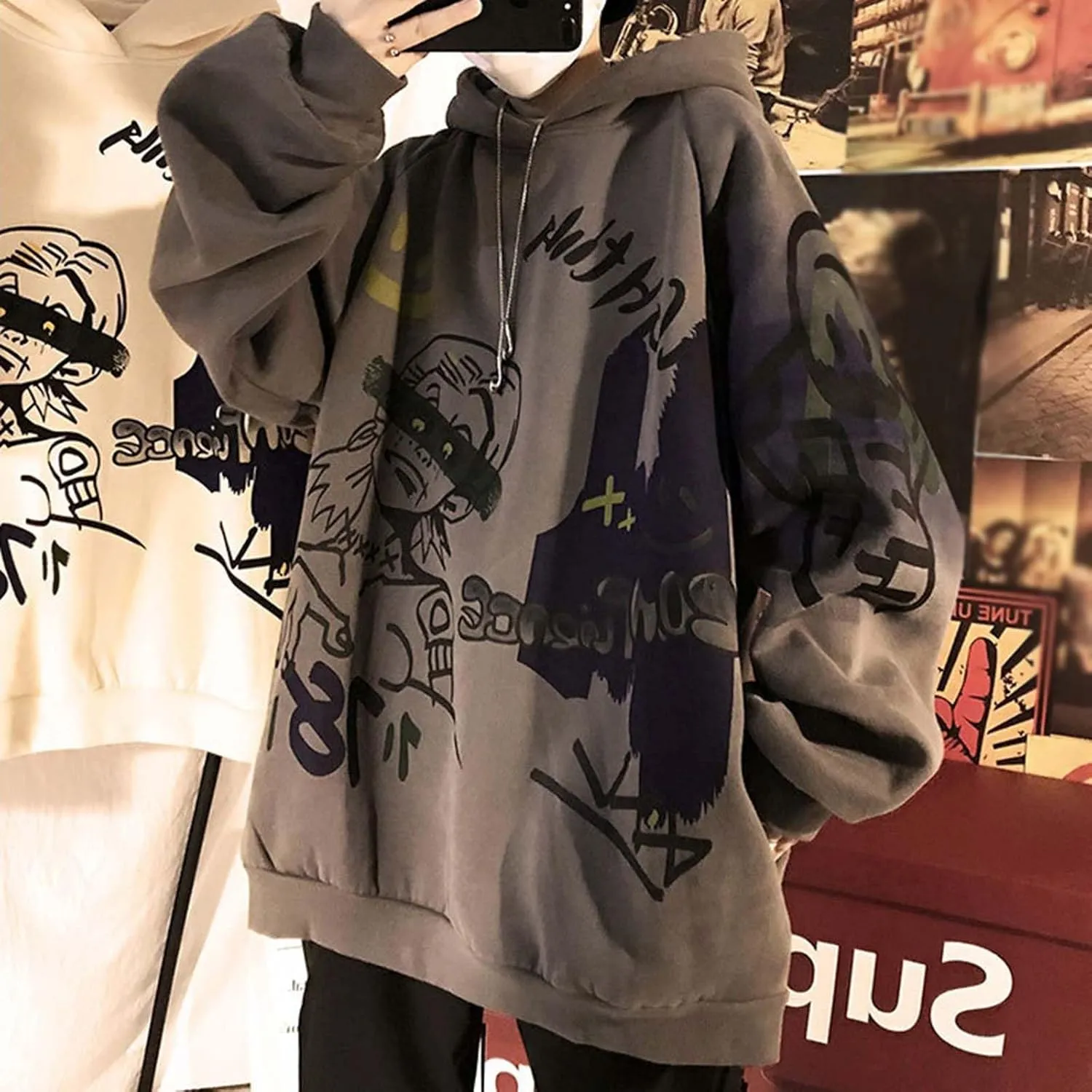 Harajuku Graffiti Print Hoodie Men and Women Y2K Oversized Pullover Hooded Sweatshirt Hip-Hop Loose Casual Tops
