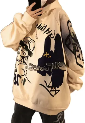 Harajuku Graffiti Print Hoodie Men and Women Y2K Oversized Pullover Hooded Sweatshirt Hip-Hop Loose Casual Tops
