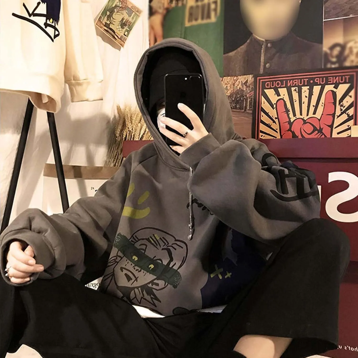 Harajuku Graffiti Print Hoodie Men and Women Y2K Oversized Pullover Hooded Sweatshirt Hip-Hop Loose Casual Tops
