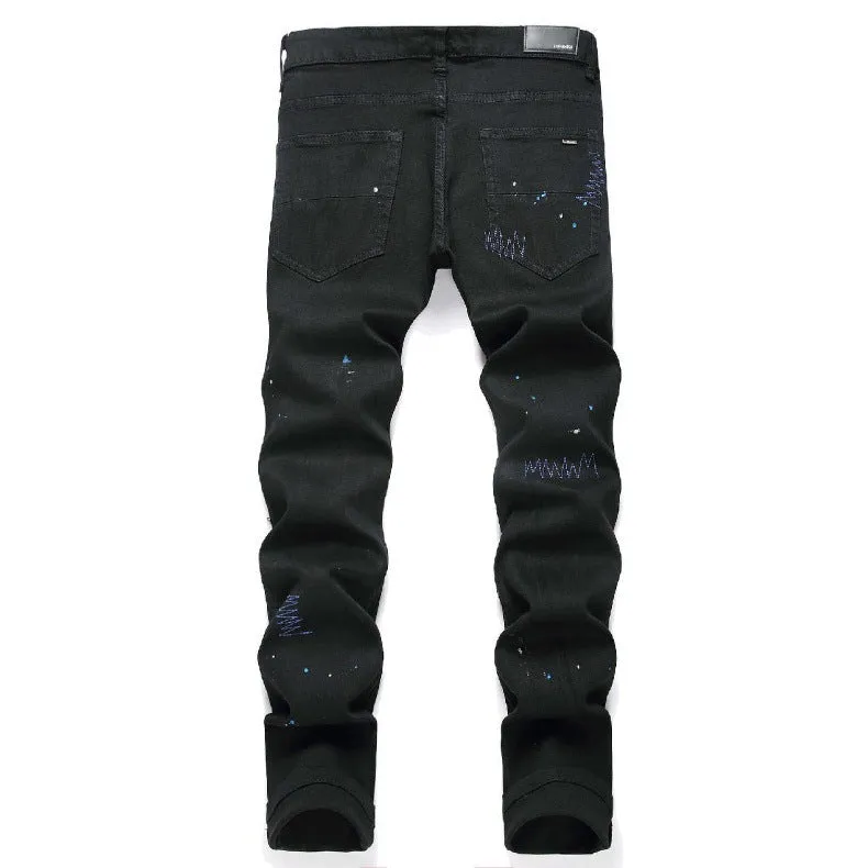 High Street Cross Badge Distressed Ripped Jeans