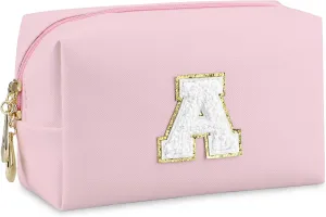 Initial Makeup Bag,Personalized preppy bag Waterproof PU Leather Chenille Letter Cosmetic Bag,Portable Travel Toiletry Bag Monogram Birthday Gift for Women Girls Mom Friends (Pink A)