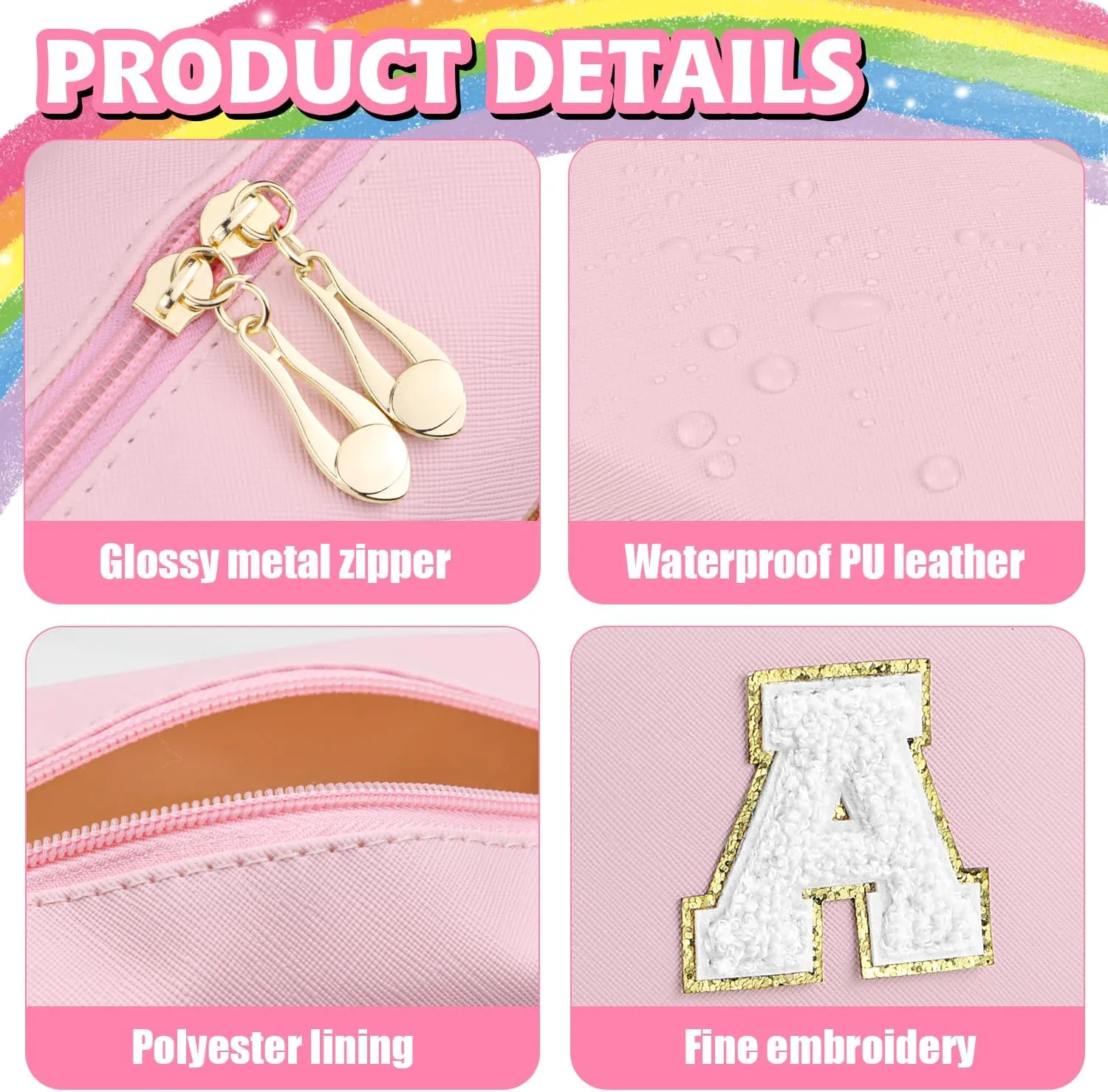 Initial Makeup Bag,Personalized preppy bag Waterproof PU Leather Chenille Letter Cosmetic Bag,Portable Travel Toiletry Bag Monogram Birthday Gift for Women Girls Mom Friends (Pink A)