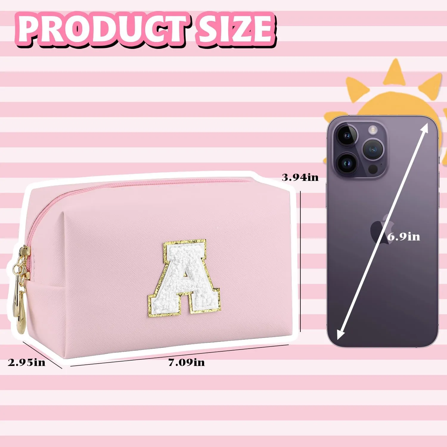 Initial Makeup Bag,Personalized preppy bag Waterproof PU Leather Chenille Letter Cosmetic Bag,Portable Travel Toiletry Bag Monogram Birthday Gift for Women Girls Mom Friends (Pink A)