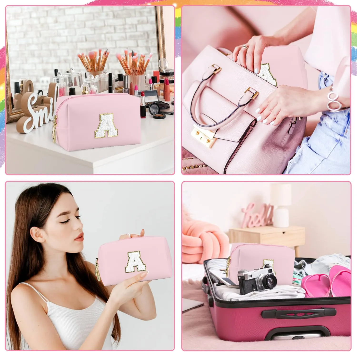 Initial Makeup Bag,Personalized preppy bag Waterproof PU Leather Chenille Letter Cosmetic Bag,Portable Travel Toiletry Bag Monogram Birthday Gift for Women Girls Mom Friends (Pink A)